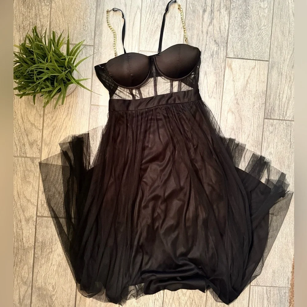 The Vintage Shop Black Corset Top Dress Tulle Skirt, Removable Gold Chain Straps - Picture 5 of 9